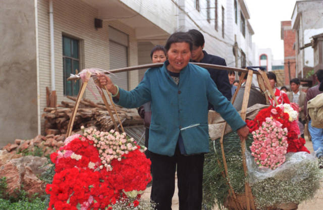 云南省昆明市呈贡龙街乡斗南村是中国有名的“花乡”，全村几乎家家种花。这是一位当地花农挑着一担鲜花去花卉交易市场出售（1999年6月2日发）。