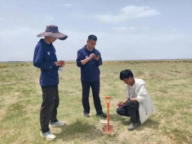 地质工作人员在牧草区进行样品采集。新华社发