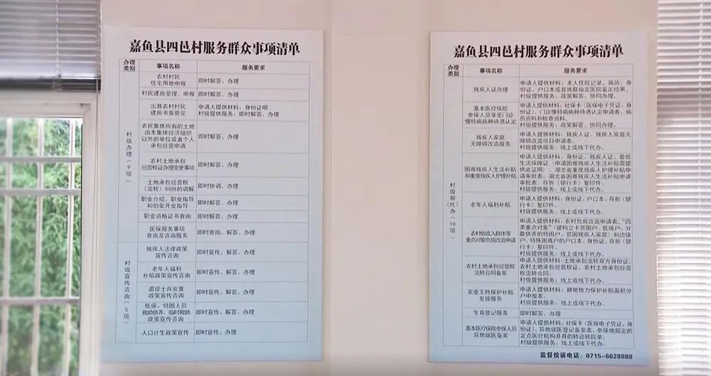 △湖北咸寧市潘家灣鎮(zhèn)四邑村黨群服務(wù)中心張貼的《服務(wù)群眾事項清單》。