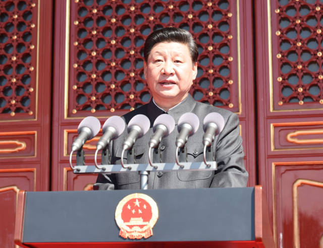 2015年9月3日，纪念中国人民抗日战争暨世界反法西斯战争胜利70周年大会在北京天安门广场隆重举行。这是中共中央总书记、国家主席、中央军委主席习近平在大会上发表重要讲话。新华社记者谢环驰摄