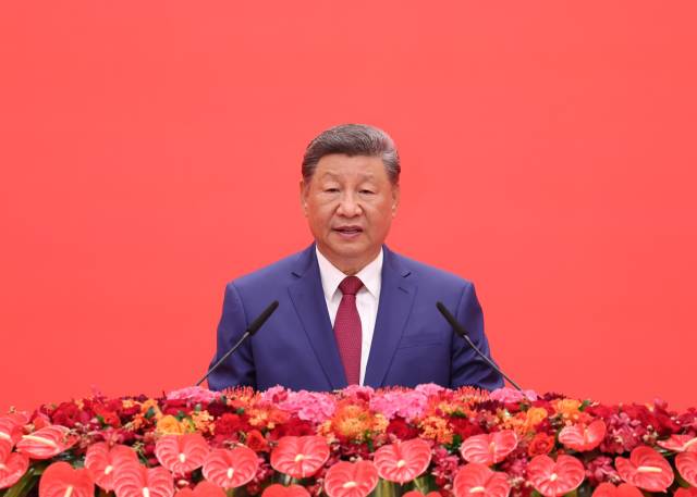 △2025年9月3日，纪念中国人民抗日战争暨世界反法西斯战争胜利80周年招待会在北京人民大会堂隆重举行。习近平总书记出席招待会并发表重要讲话。