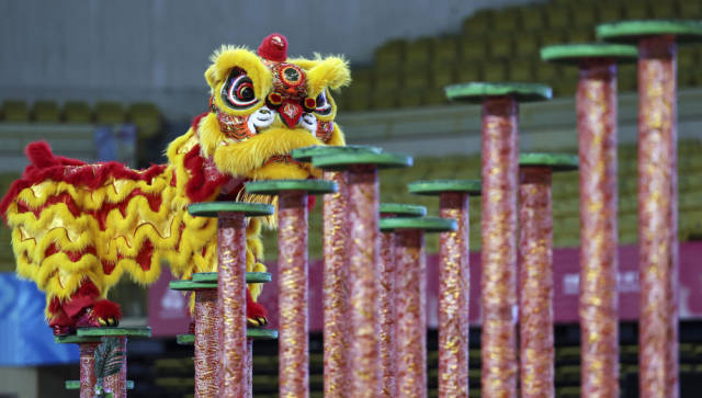 11月11日，粤港澳联队在第十五届全国运动会群众展演舞龙舞狮南狮自选项目决赛中获得一等奖。新华社记者 王鹏 摄