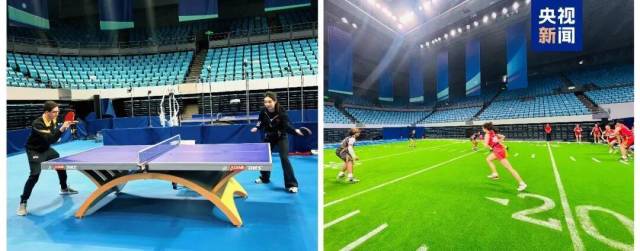 △中美“乒乓外交”55周年纪念大会现场,中美乒乓球与橄榄球跨项目互动体验。 △中美“乒乓外交”55周年纪念大会现场,中美乒乓球与橄榄球跨项目互动体验。