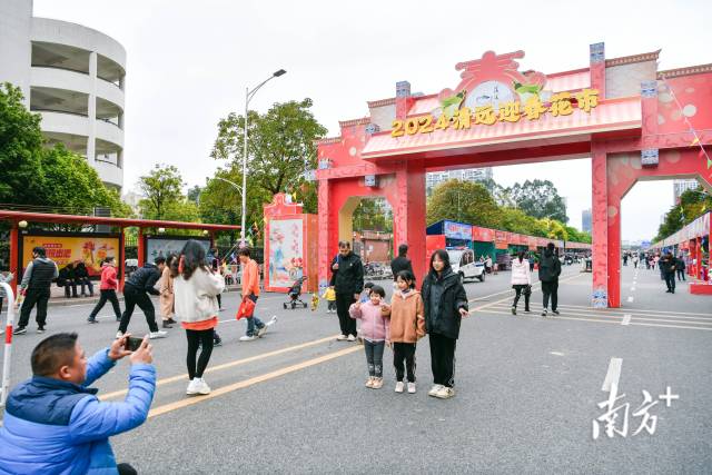 5日中午，在清城区民安路清远迎春花市入口处，不少市民前来拍照打卡。南方+记者 曾亮超