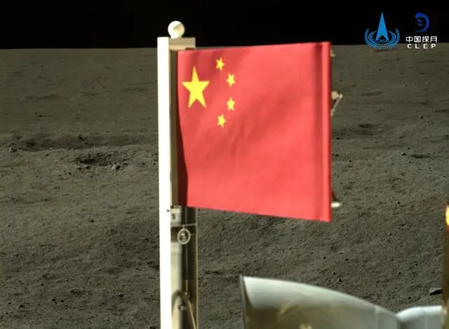 △五星红旗在落于月背的嫦娥六号探测器上展开。