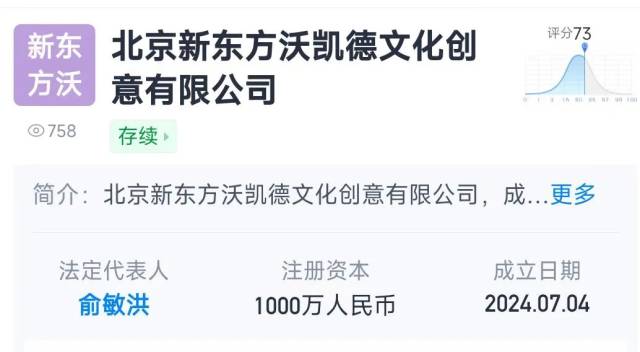 截至目前，俞敏洪仍担任北京新东方沃凯德文化创意有限公司法定代表人